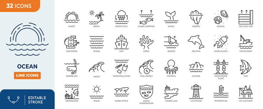 Ocean line editable icon set. Containing sea, ocean, marine, underwater animal, beach, fish, and more. 