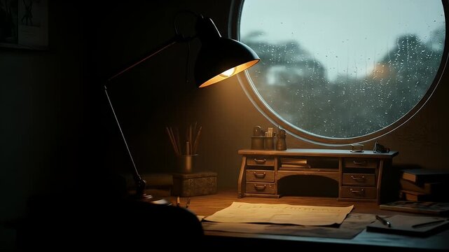 A desk lamp illuminates a workspace next to a round window on a rainy day