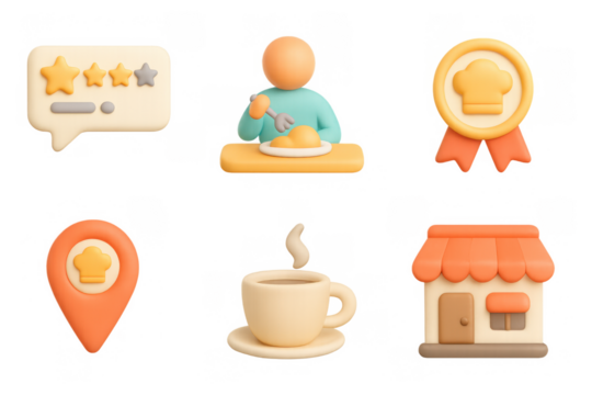 3d cartoon style icons of dining and restaurant themes for modern apps