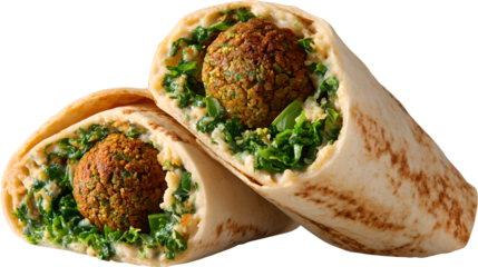 wrap with falafel balls and greens on transparent background