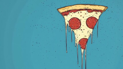 Delicious pizza slice with melting cheese on blue background