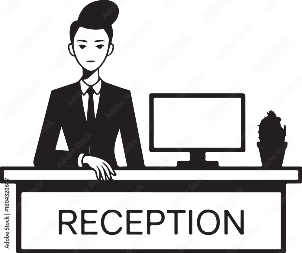 Fototapete professional receptionist in a suit standing at a reception desk with a computer