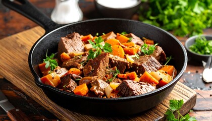 Hearty beef stew in a cast iron pan
