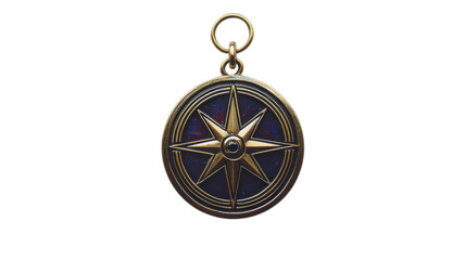 Shiny bronze compass pendant featuring a detailed star design with a blue background, ideal for jewelry enthusiasts and adventurers on transparent background