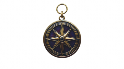 Shiny bronze compass pendant featuring a detailed star design with a blue background, ideal for jewelry enthusiasts and adventurers on transparent background