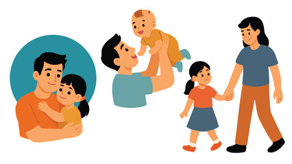 Happy Parenting Illustration Husband, Wife, and Child Enjoying Family Time Together Walking Fun Mother, Father, and Kid Vector Art for book