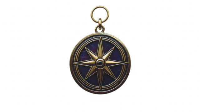 Shiny bronze compass pendant featuring a detailed star design with a blue background, ideal for jewelry enthusiasts and adventurers on transparent background