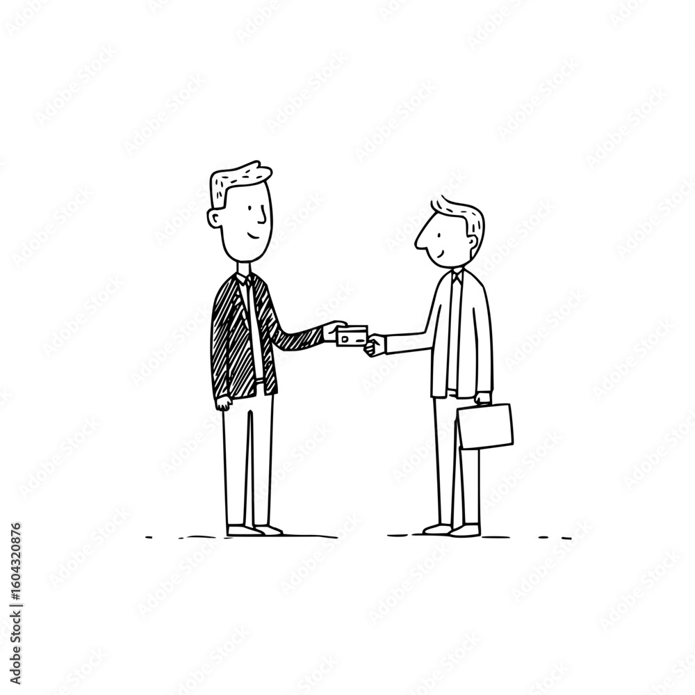 Poster two men in suits exchanging a card in a minimalist line drawing style on a white background vector a