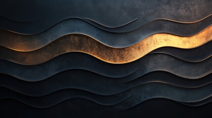 Dark layers undulate in waves, featuring textured surfaces that contrast with shining gold highlights, creating a dynamic visual effect