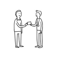 Fototapeta premium Two people exchanging a card in a line drawing style with one person wearing a lanyard and badge around neck