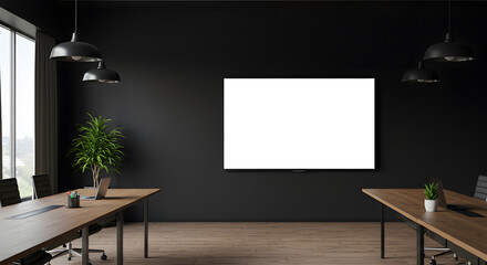 Meeting conference room with blank empty mockup tv screen monitor for advertising standing in modern contemporary office on black wall background. No people. Business technologies concept.