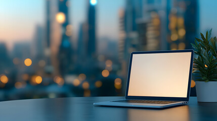 modern laptop with blank screen on a table in a smart city office setting with blurred background