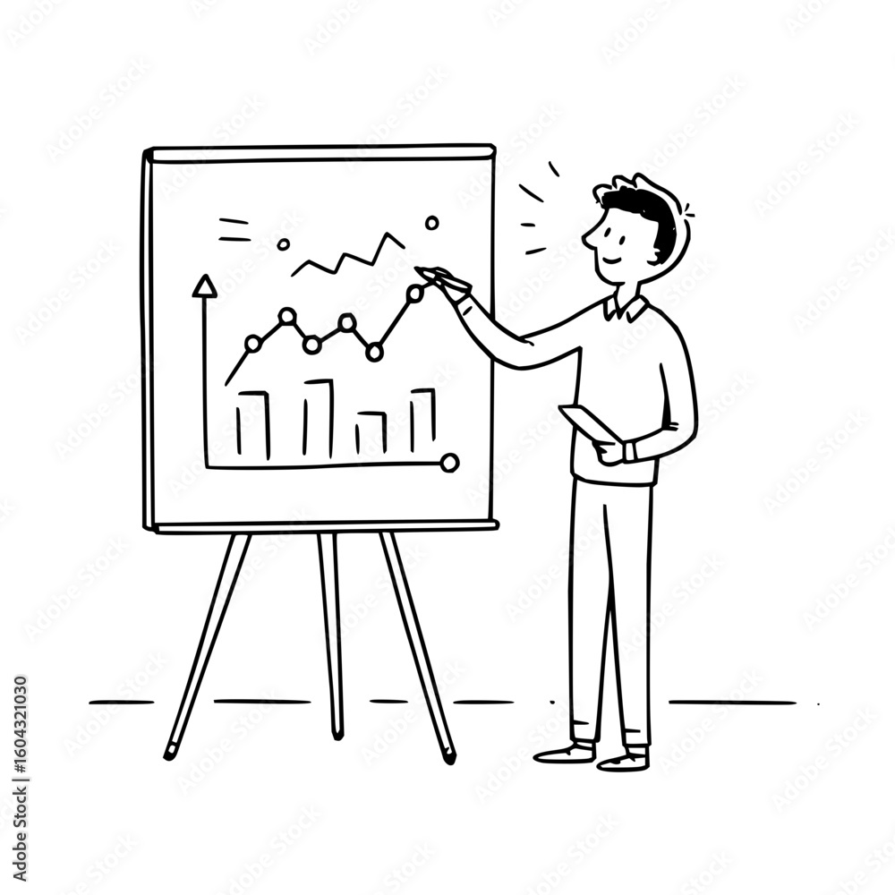 Poster man presenting a graph on a whiteboard with bars and a line showing an upward trend in a business se