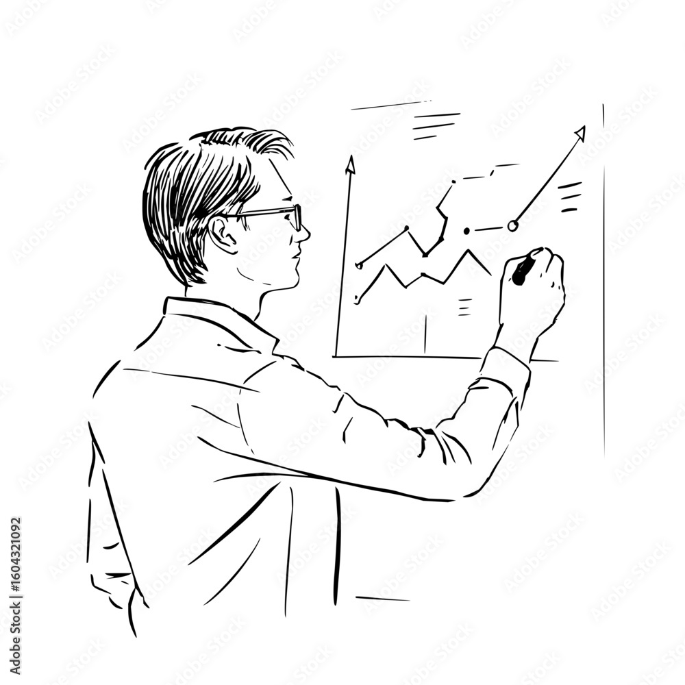 Poster man in glasses drawing a graph on a whiteboard with an upward trend line and data points in black in