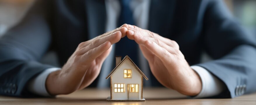 The miniature house protected by hands representing home insurance and security.