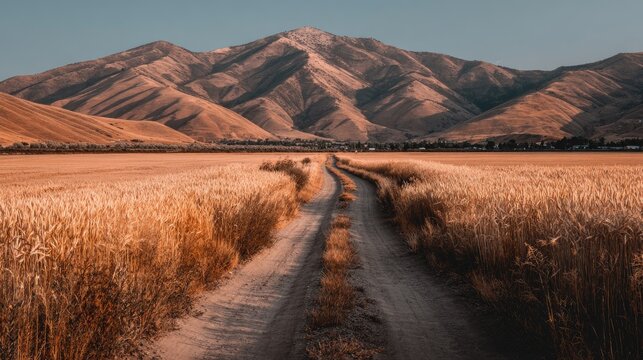 A dirt road winds through a golden wheat field towards a mountain range.