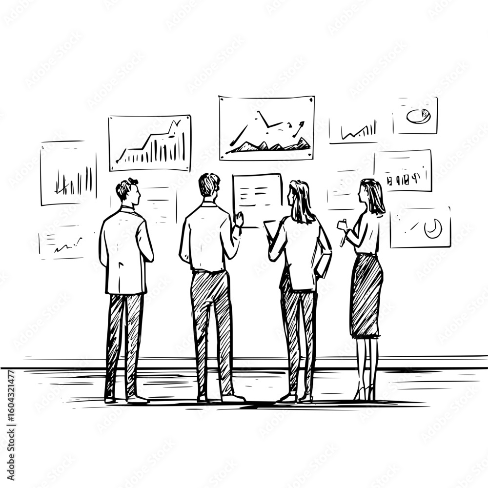Poster group of people analyzing charts and graphs on a wall in a business meeting or presentation setting
