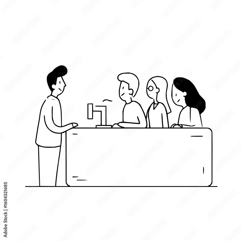 Poster a man standing and talking to three people sitting behind a desk with a computer in a black and whit