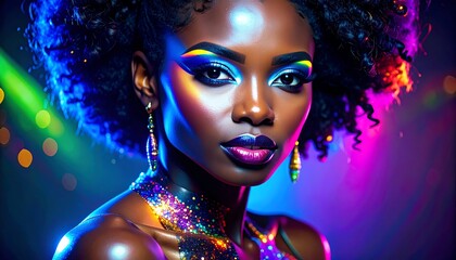 Glamorous African American woman with vibrant makeup and shimmering jewelry