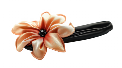 Elegant black headband adorned with a peach blossom for stylish hair accessories on transparent background