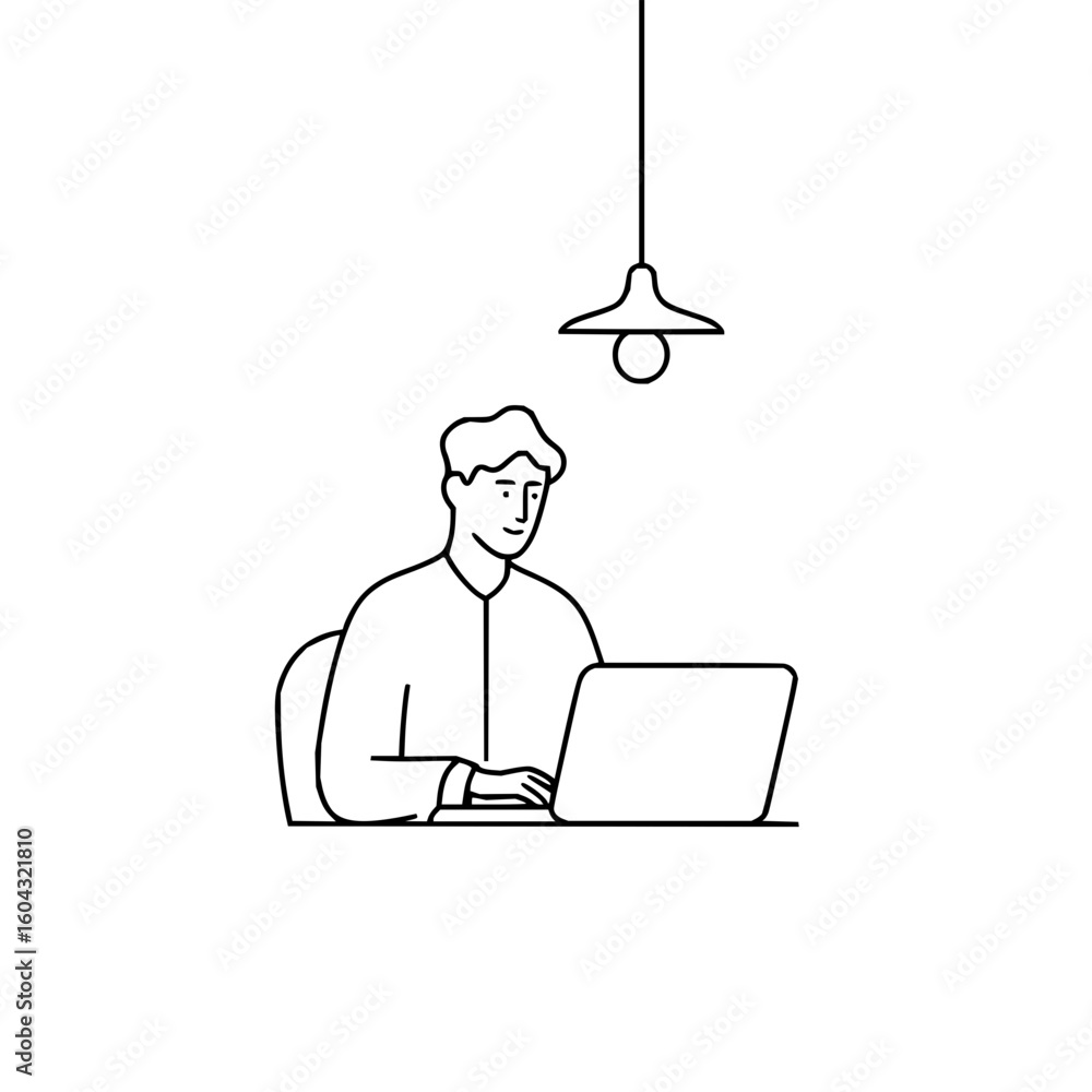 Poster a person sitting at a desk working on a laptop with a hanging light above in a simple line drawing s