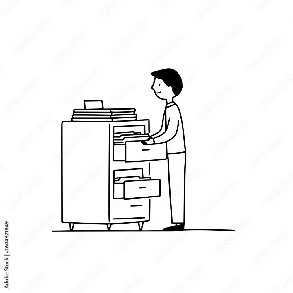 Poster a person opening a filing cabinet with documents on top and drawers open in a line art style image