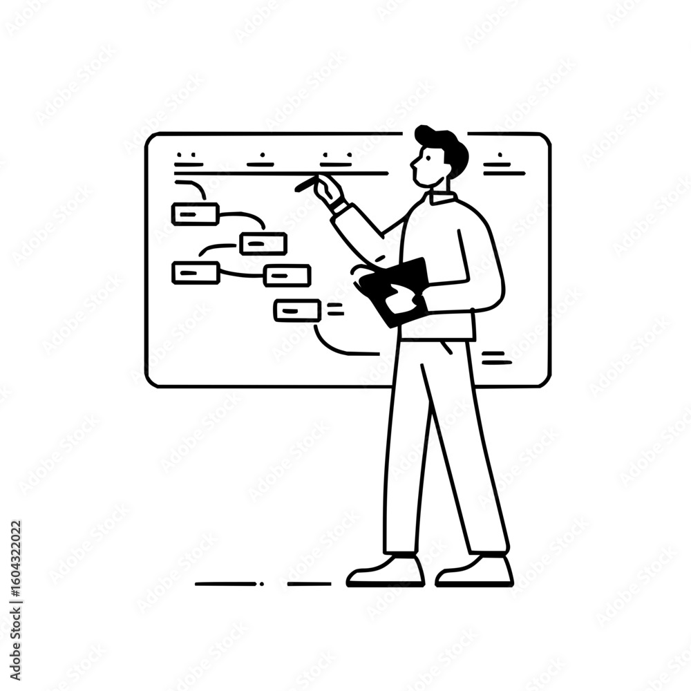 Aufkleber man standing and pointing at a flowchart on a whiteboard with a document in hand in a line drawing s