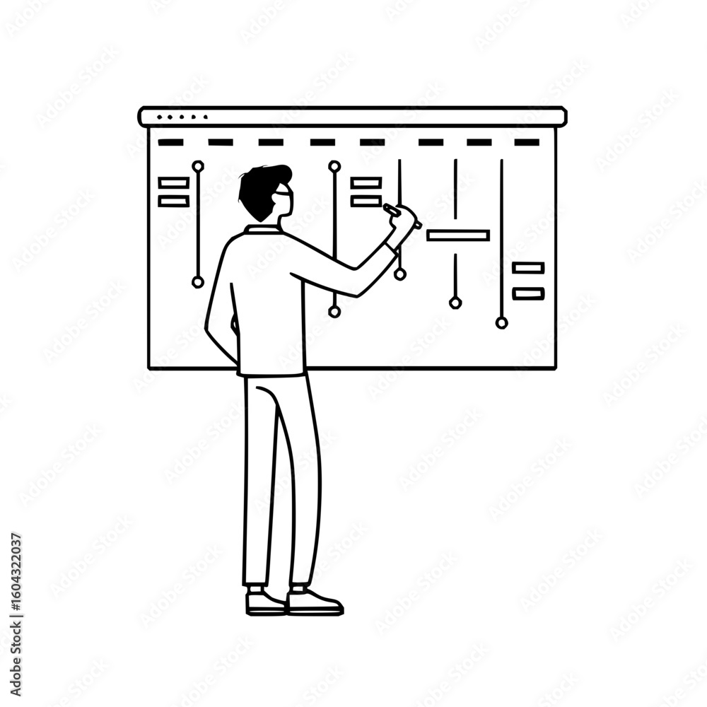 Poster a person drawing on a whiteboard with lines and boxes representing a project timeline or schedule pl