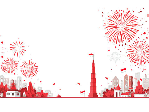 A festive Indonesian cityscape with the national monument and fireworks celebrating a patriotic national day holiday.
- Powered by Adobe