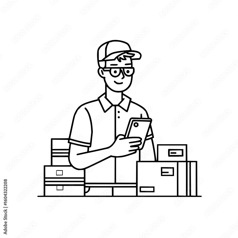 Poster delivery man using smartphone standing behind boxes outlined in black and white simple vector illust