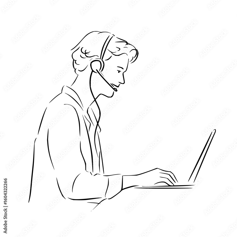 Poster line drawing of a person with a headset using a laptop computer in a minimalist black and white styl