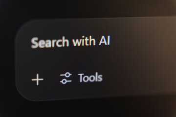 Search with AI prompt displayed on a dark digital interface bar with plus and tools icons