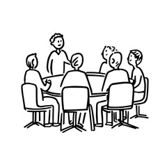 Illustration of a meeting with seven people sitting around a table in a line art style drawing style