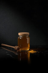 The minimalistic composition features a golden honey jar on a glossy black surface, a wooden lid, a honey dipper, and yellow pollen granules, with moody lighting creating a refined aesthetic.