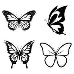 Set of Artistic Black Butterfly Silhouettes and Line Illustrations