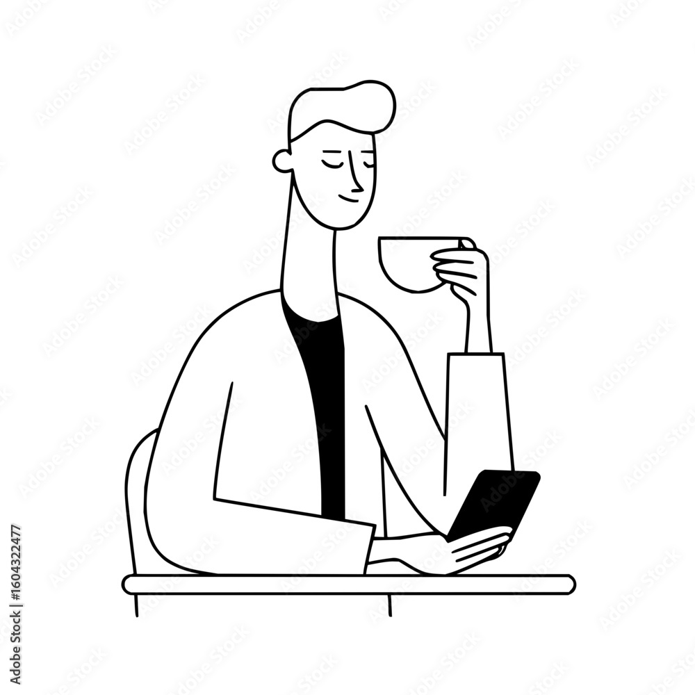 Poster man in outline style sitting at a table holding a phone and drinking from a cup with eyes closed cal