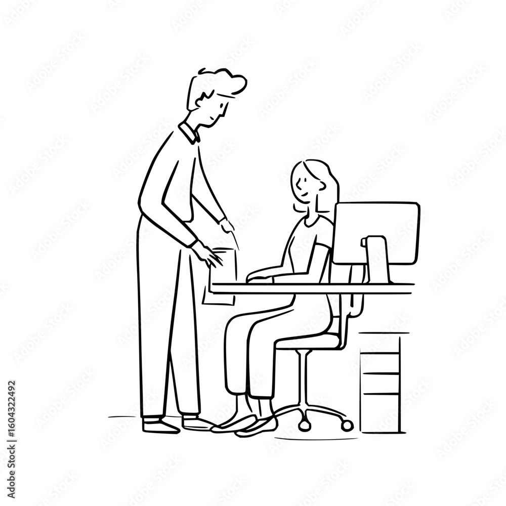 Poster a sketch of a man holding papers and pointing at them to a woman sitting at a desk with a computer m