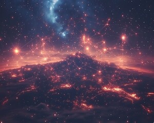 A mountain with networks illuminated by stars in a night sky