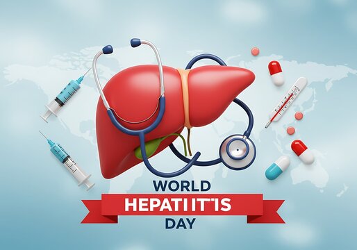 World hepatitis day awareness campaign features a realistic human liver model stethoscope syringes and medical capsules symbolizing health and disease prevention