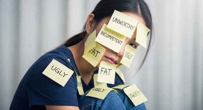 Conceptual Photo Showing Sticky Notes of Negative Self Labels Covering a Person&rsquo;s Face and Body