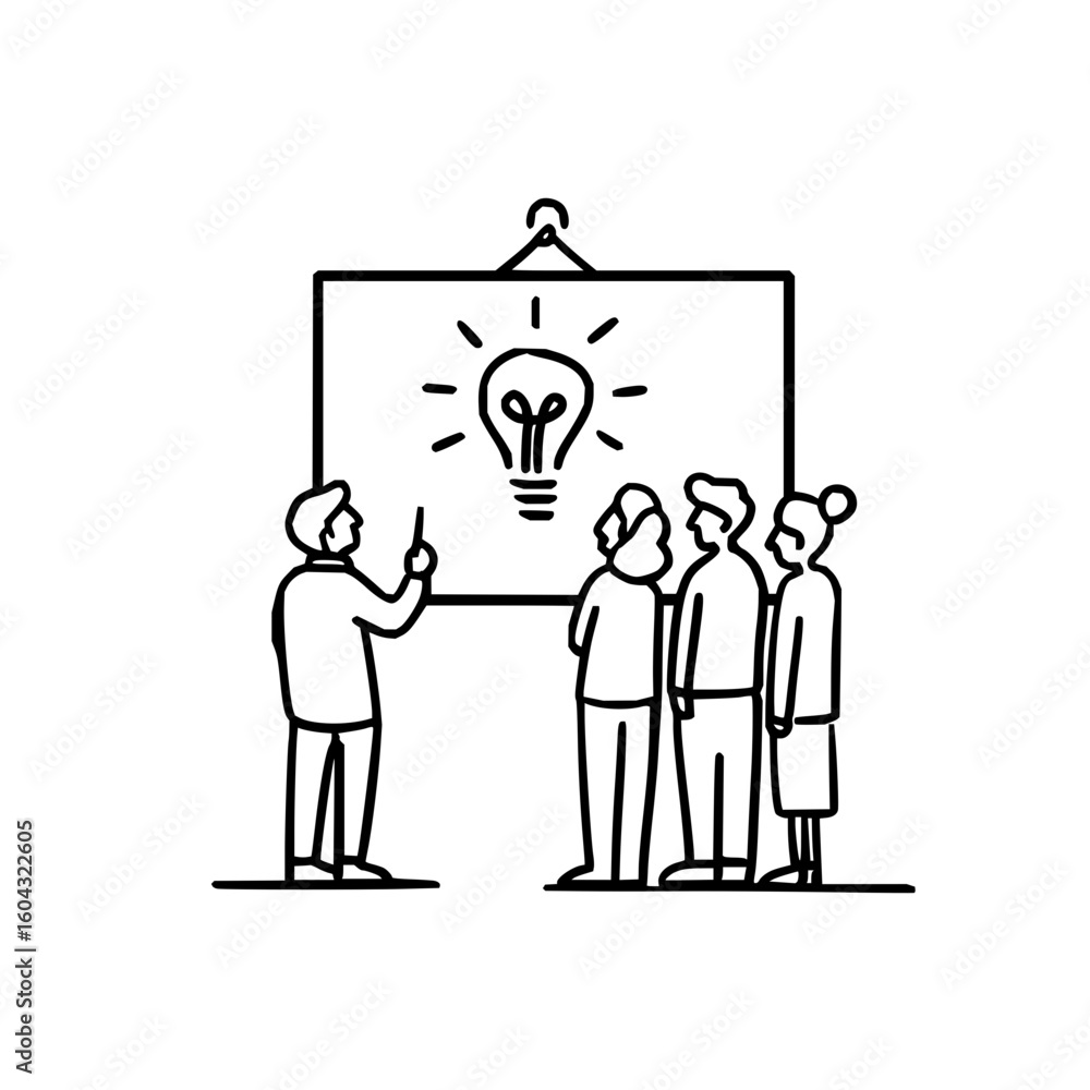 Aufkleber presentation of a light bulb idea to a group of people in a meeting with a presenter pointing at it