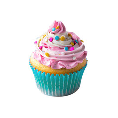 Pink and white frosted cupcake with sprinkles