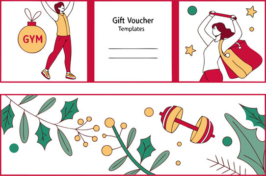 Festive fitness gift voucher templates featuring gym enthusiasts and holiday accents for a healthy seasonal celebration - Powered by Adobe