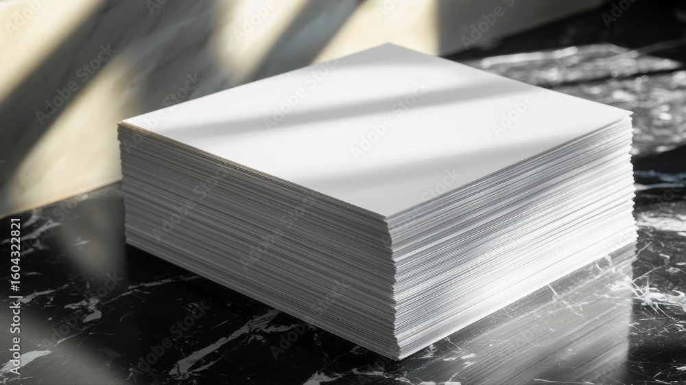 Poster stack of white paper on black marble surface with shadows marble shadows surface stack of paper work