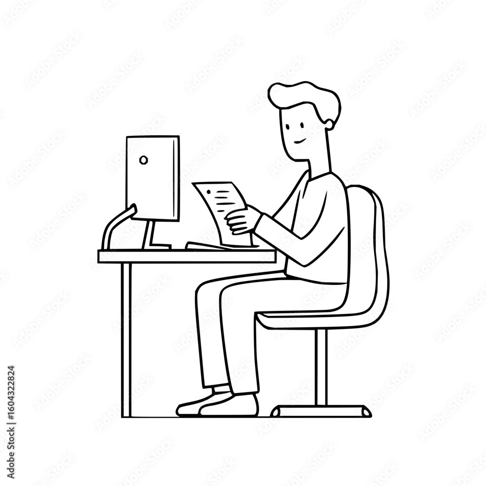 Poster man sitting at desk with computer and documents in outline style in a white background design view