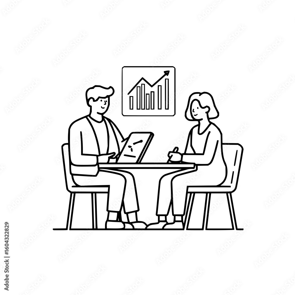 Poster two people discussing business at a table with a graph showing growth and a tablet with a chart disp