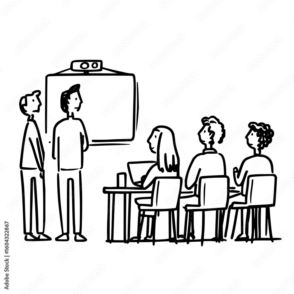 Poster illustration of a presentation with two presenters and three attendees in a conference room setting 