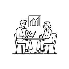 Fototapeta premium Two people discussing business at a table with a graph showing growth and a tablet with a chart displayed