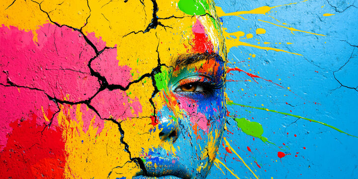 Colorful paint splashes on cracked surface create striking art Generative AI
