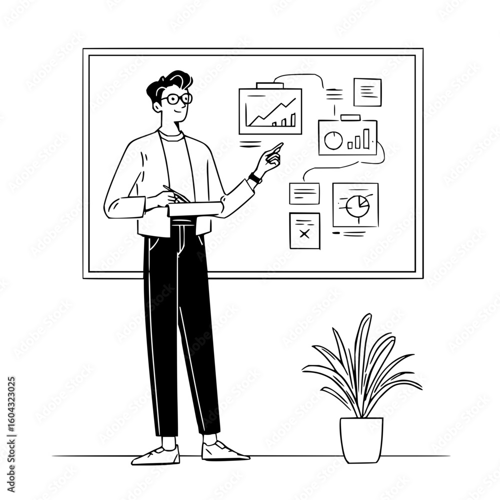 Poster man presenting data on whiteboard with graphs and charts in a business meeting with a potted plant n